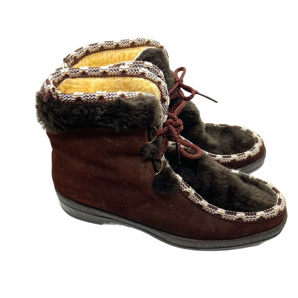 Alpine Booties Boots Winter Vintage Snowland Brown Suede Sherpa Leather Size 8 - Picture 2 of 14